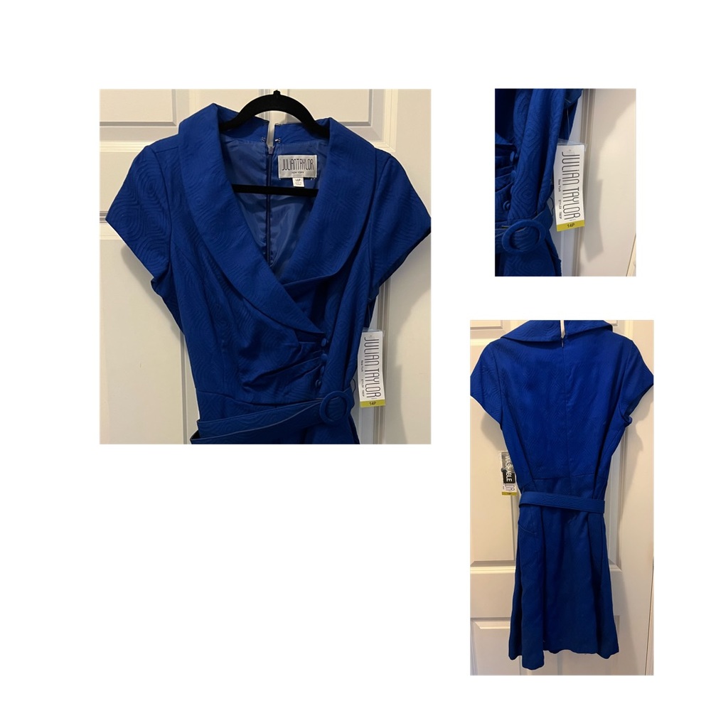 New cobalt blue, Julian Taylor, dress with collar belt flared skirt side pockets